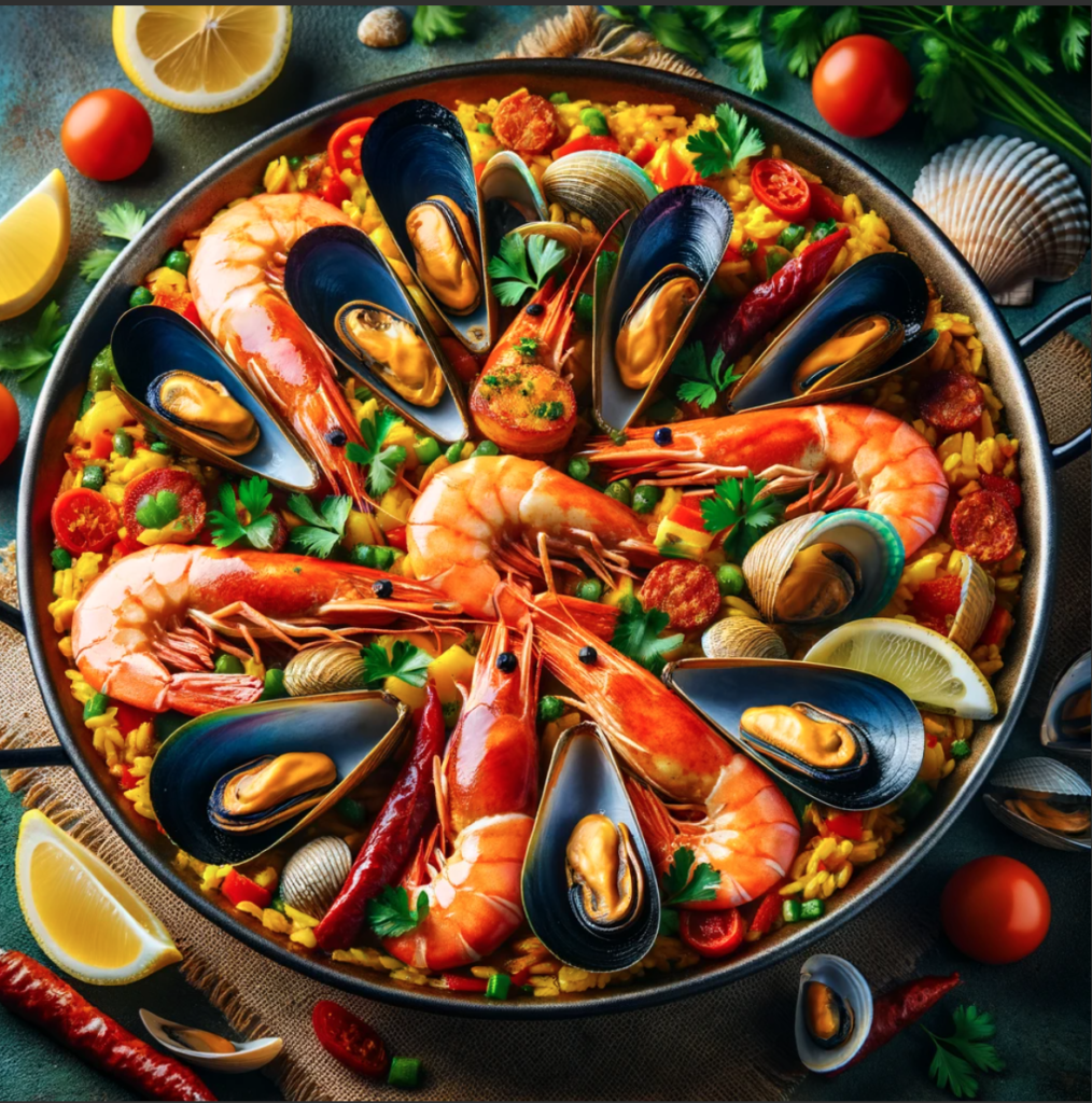 Spanish Paella with shrimp, mussels, clams, chorizo, and vegetables, garnished with fresh parsley and lemon wedges.